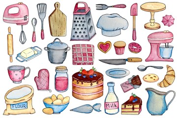 Watercolor set of kitchen supplies 