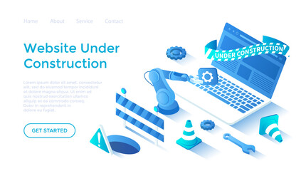 Website Under Construction. Updates changes and fixing on the site. Maintenance page or 404 error. Landing page template for web on white background.