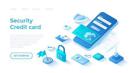 Wall Mural - Credit Card Security. Protection of personal information. Money protection, online banking, payment protection. Landing page template for web on white background.