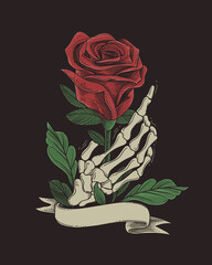 Sticker - skull hand with red rose flower
