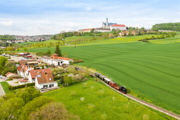 Canvas Print - Haertsfeld Schaettere steam train locomotive museum railway aerial view in Neresheim Germany
