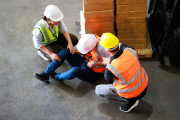 Top view. First Aid and safety first. Engineering talking on walki talki radio to employee while his warehouse coworker lying unconscious at industrial factory. Health insurance emergency accident.