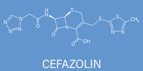 Poster - Skeletal formula of Cefazolin antibiotic drug molecule. First-generation cephalosporin antibiotic used for the treatment of a number of bacterial infections.