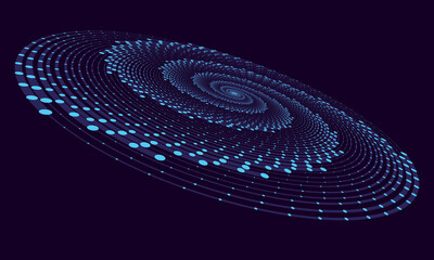 Poster - Perspective view to abstract halftone dotted circle. Spiral universe concept. Hypnotic illustration on dark background. Big Data concept.