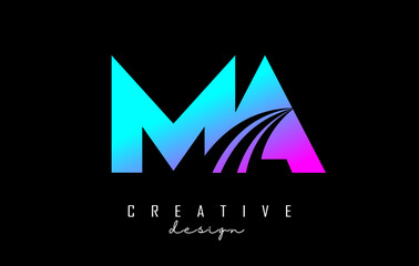 Creative colorful letters MA m a logo with leading lines and road concept design. Letters with geometric design.