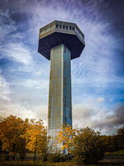 Vertical low angle closeup of the medieval fortified tower of Bayernturm in Downtown cologne