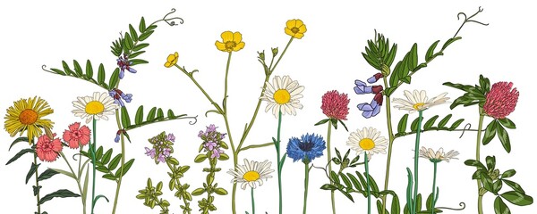 Wall Mural - field flowers, vector drawing wild plants at white background, flowering meadow , hand drawn botanical illustration