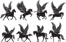 Pegasus Collection Silhouette Set Isolated, Vector