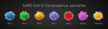 BA.1, BA.2, BA.3, BA.4, BA.5, Delta - SARS-CoV-2 Covid-19 Coronavirus Omicron Variants - 3D Illustration
