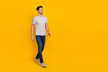 Poster - Full size photo of optimistic brunet young guy go look promo wear t-shirt jeans sneakers isolated on yellow background