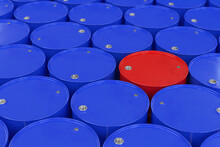 Red Metal Barrel Among Many Blue Barrels, 3d Render