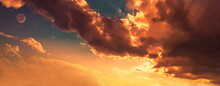 Colorful Dramatic Sky With Clouds, Steaming Cumulonimbus Clouds Reflect The Golden Light Of The Morning Sun, Starry Sky