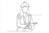 Fototapeta Big Ben - Continuous one line drawing female construction engineer in safety helmet happy to write report. Modern woman concept. Single line draw design vector graphic illustration.