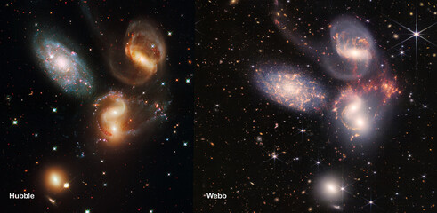webb and hubble telescopes side-by-side comparisons visual gains. stephan’s quintet galaxies in cons