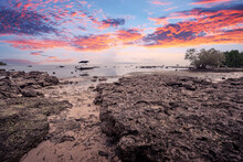 Beautiful Landscape With Colorful Sunset On The Low Tide Tropical Beach.