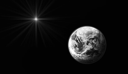 planet earth on black background with bright star. black and white. christmas star of bethlehem nati