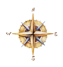 Compass Watercolor. Peace, Symbolism. Navigation, Cardinal Directions. Reference Point