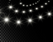 A Parade Of Stars, Bright Glowing Stars, Lights And Reflective Effects On A Transparent Background. Vector Illustration