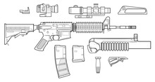 Vector Drawing Of An Popular M4 Assault Rifle With Adjustable Stock And Equipment Such As A Magazines, Optical Sights, Collimator, Granade Launcher And Handgrips On A White Background
