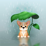 Fototapeta  - Mały smutny piesek stojący pod liściem w deszczu. Nieszczęśliwy szczeniak Welsh Corgi Pembroke. Mały uroczy zwierzak.