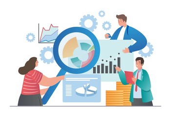 Poster - people gathering data concept. young men and woman with magnifying glass collect business informatio