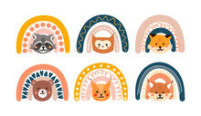 Set Of Rainbows With Cute Animals. Beautiful Arches With Raccoon, Owl, Bear, Fox And Lynx. Design Elements For Postcards And Baby Prints. Cartoon Flat Vector Collection Isolated On White Background