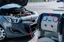 Car Air Condition Ac Repair Service. Refill Automobile Ac Compressor And Checking Auto Conditioning System. Auto Car Conditioner Diagnostic.