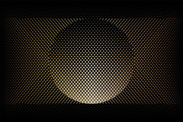 Gold black halftone dots round background, vector modern design texture.