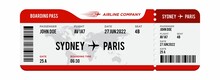 Red And White Airplane Ticket Design. Realistic Illustration Of Airplane Boarding Pass With Passenger Name And Destination. Concept Of Travel, Journey Or Business Trip. Isolated On White Background