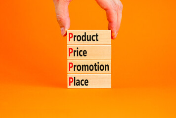 PPPP product price promotion place symbol. Concept words PPPP product price promotion place on wooden blocks on beautiful orange background. Business and PPPP product price promotion place concept.