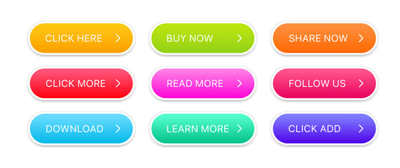 Fototapete - Click here web buttons. Set of action button read share follow buy learn download. Click button. Modern action button mouse click symbol.