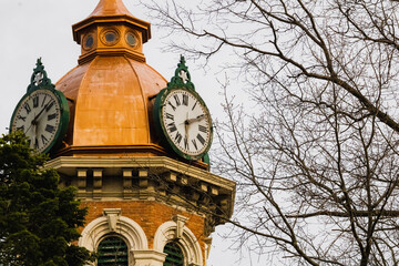 Chardon, Ohio, USA - 4-22-22:  The peak of the Geauga County Court of Common Pleas courthouse