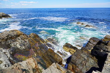 Atlantic Ocean Waves And Rocks Along Coastline In Portland, Maine, USA