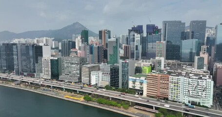 Sticker - Kwun Tong, Hong Kong Drone fly over Hong Kong business district