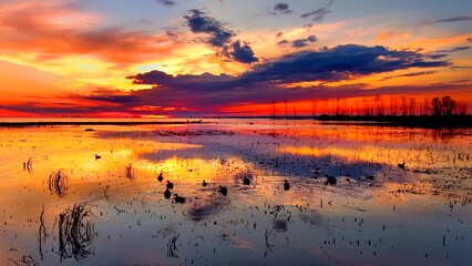 Wall Mural - A family of ducks enjoying the red predawn twilight together on a tranquil river.

