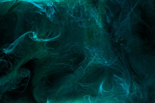 Liquid Fluid Art Abstract Background. Blue Green Acrylic Paint Underwater, Galactic Smoke Ocean