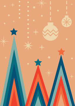 Retro vintage Christmas greeting card with trees and tree toys . Groove Christmas card. Vector illustration