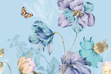 Wall Mural - Watercolor flower striped butterfly geometry