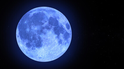 blue moon with title space on the right. realistic 3d render.