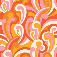 Vector nostalgic retro 60s groovy print. Vintage abstract background. Hippie psychedelic seamless pattern. Textile and surface design with old fashioned hand drawn naive geometric print