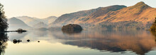 Derwentwater Lake Panorama With Reflections In Lake District, Cumbria. England