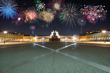 Wall Mural - Fireworks display at Commerce Square (Praca do Comercio) with statue of of King Jose I in Lisbon. Portugal