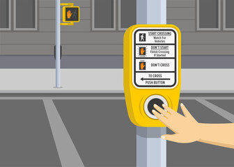 Pedestrian safety tips and traffic regulation rules. Pedestrian walk traffic light switch and street crossing instructions. Hand pushing button. Flat vector illustration template.