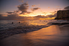 Incredible Sunset At Waikiki Beach, Hawaii, USA. 