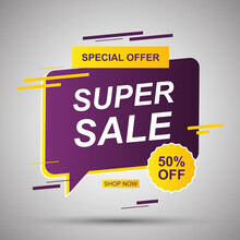 Yellow And Purple Sale Banner Background With Blue Bubble Speech.