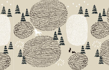 Black Forest, White Lake, Birds, Horse And Rabbits Seamless Pattern Beige Background. Wallpaper.	