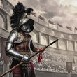 Art of african gladiator from ancient rome dressed in plumed helmet and light armor holding spear.