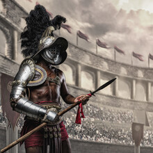 Art Of African Gladiator From Ancient Rome Dressed In Plumed Helmet And Light Armor Holding Spear.