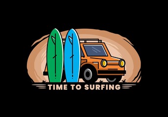 Small car and two surfboards illustration