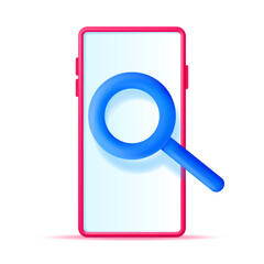Wall Mural - 3D Smartphone with Magnifying Glass Isolated on White. Render Icon of Mobile Phone with Loupe on Empty Screen. Concept of Analytics, Search, Discovery, Examine. Vector Illustration